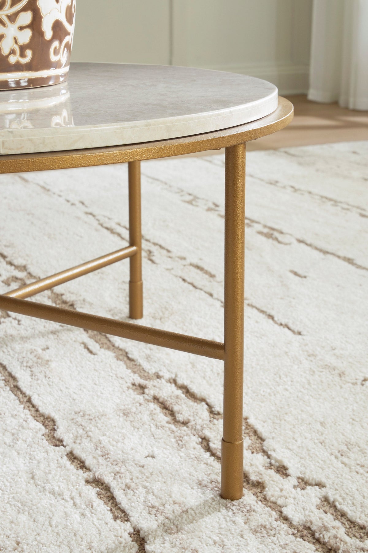 Ashley T643 Natural Marble Occasional Table Set — Antiqued Gold-Tone Steel