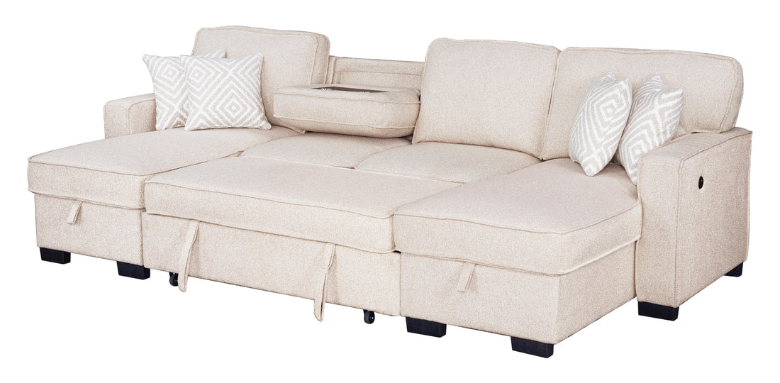 Sahara Beige Double Chaise Sectional — Storage & Drop-Down Cupholders