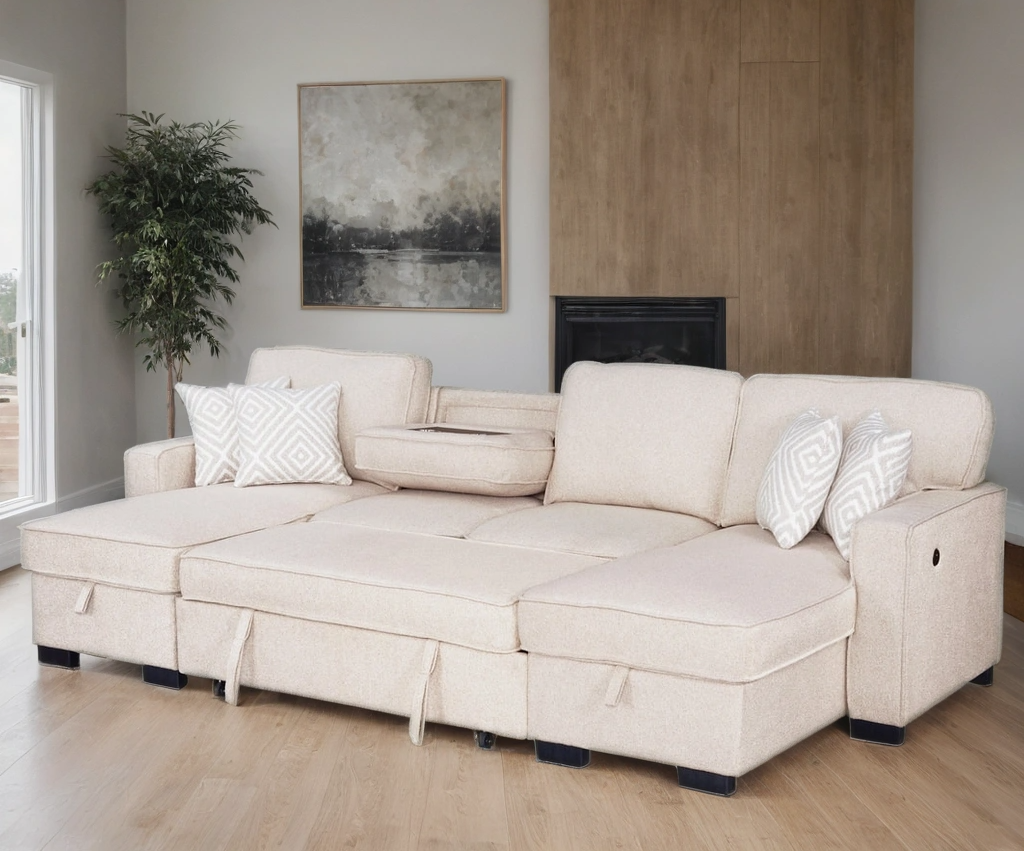 Sahara Beige Double Chaise Sectional — Storage & Drop-Down Cupholders