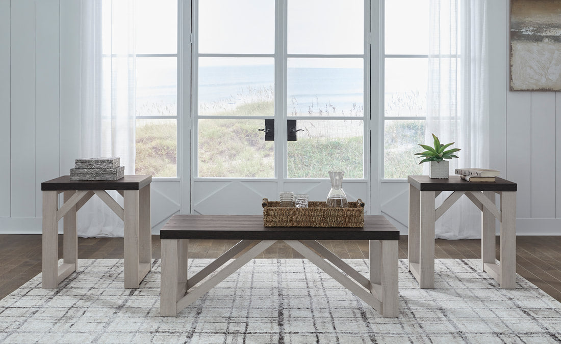 Ashley T236-13 Occasional Table Set — Gray Wood Top & Antiqued White Base