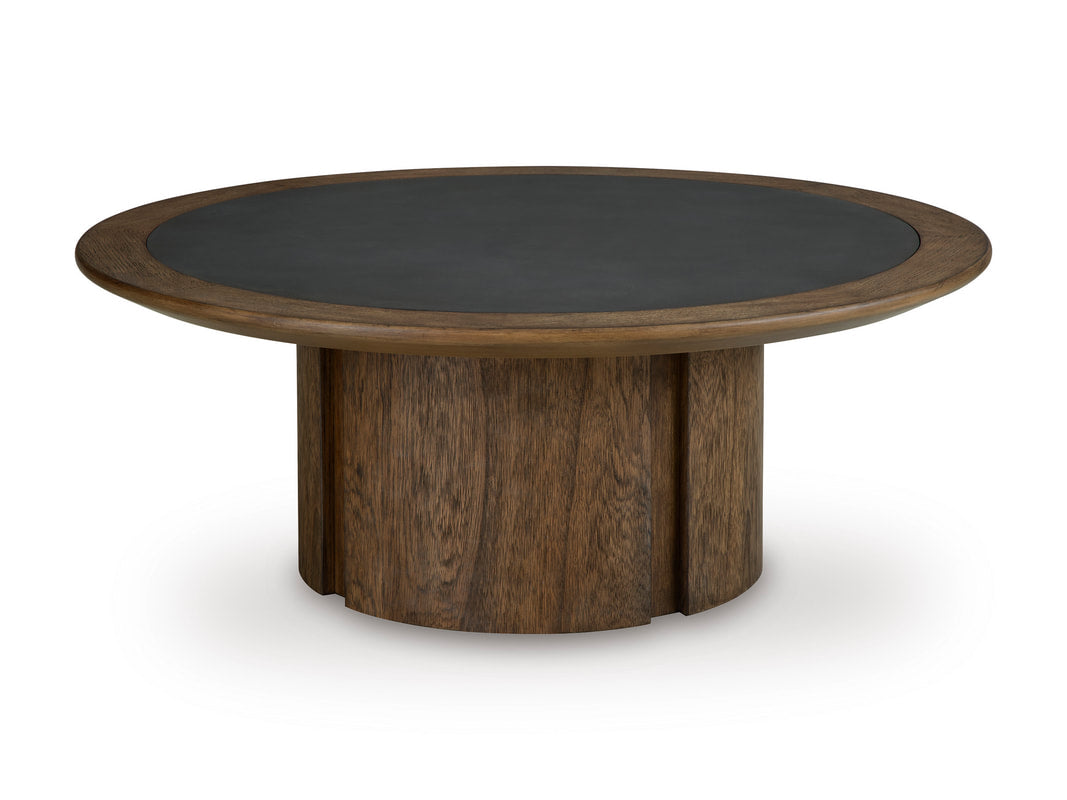 Ashley T563-8 Cocktail Table — Faux Cement Inset & Round Base