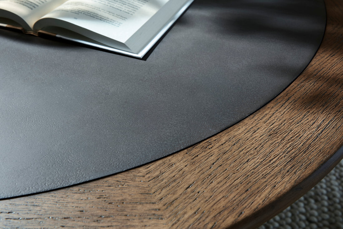 Ashley T563-8 Cocktail Table — Faux Cement Inset & Round Base