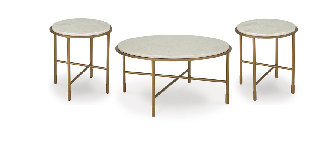 Ashley T643 Natural Marble Occasional Table Set — Antiqued Gold-Tone Steel