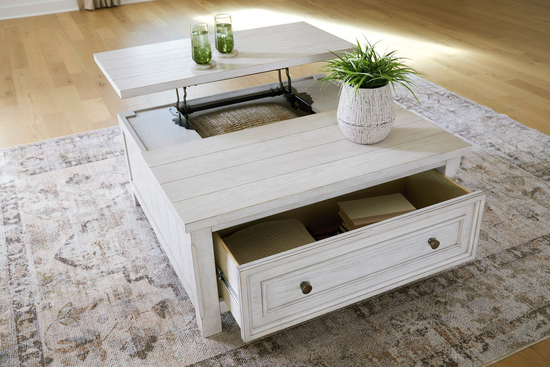Ashley T729-00 Antiqued White Lift Top Cocktail Table — Hidden Storage
