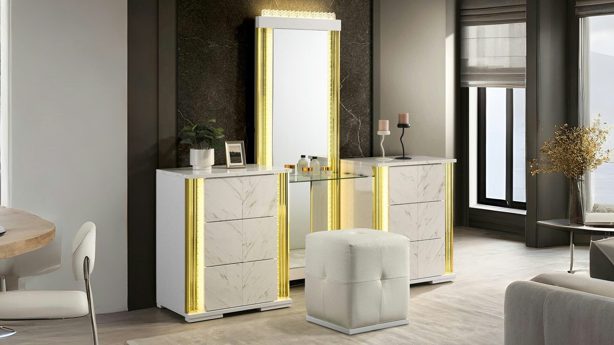 Mika Vanity — Luminous LED Pillars & Faux Marble Finish