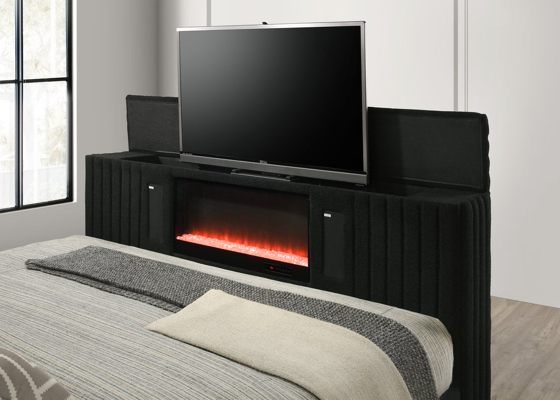 Villa Black Queen Platform Bed — LED Fireplace & Bluetooth Speaker