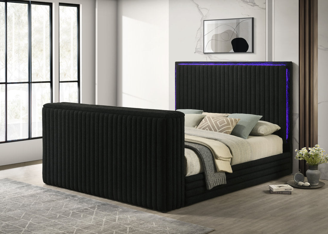 Villa Black Queen Platform Bed — LED Fireplace & Bluetooth Speaker