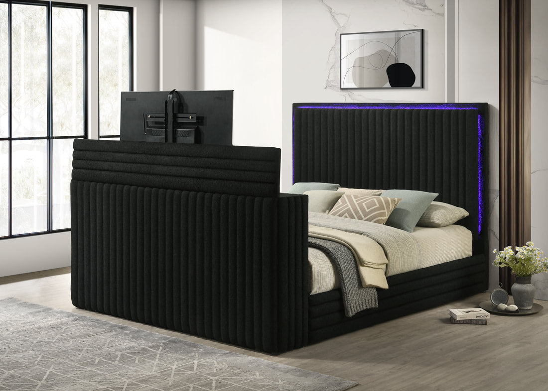 Villa Black Queen Platform Bed — LED Fireplace & Bluetooth Speaker