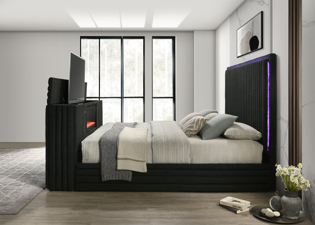 Villa Black Queen Platform Bed — LED Fireplace & Bluetooth Speaker