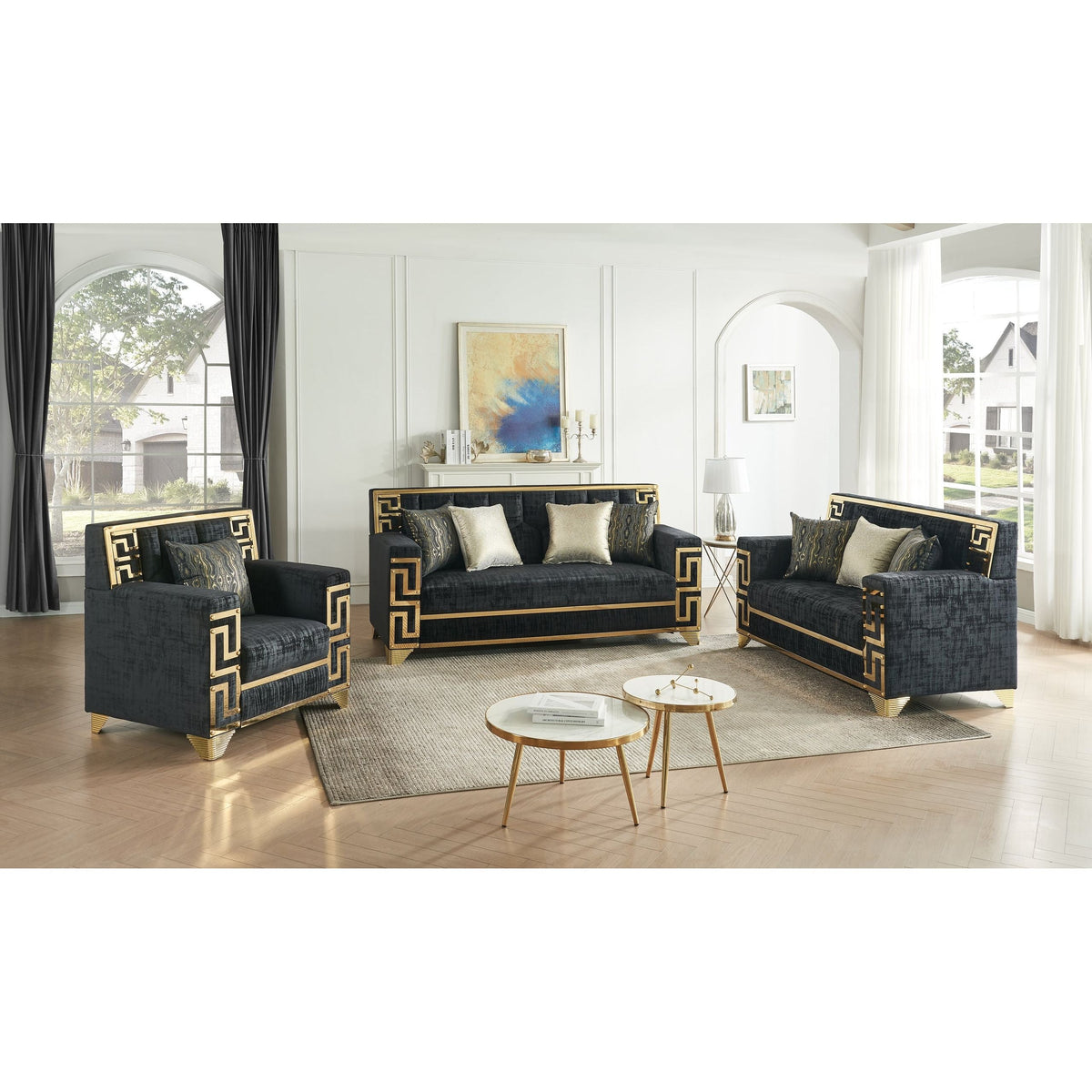 Hira Black Sofa & Loveseat Set — Gold Metal Accents