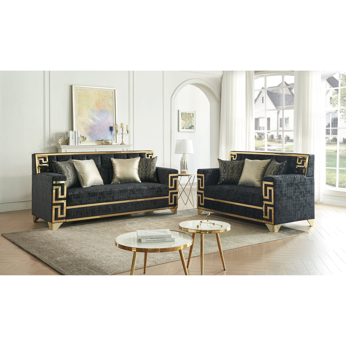Hira Black Sofa & Loveseat Set — Gold Metal Accents