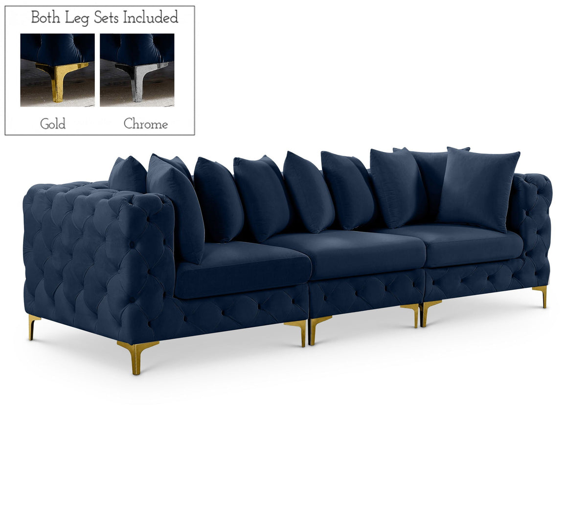 Tremblay Velvet Modular Sectional — 3-Piece Sofa — Navy