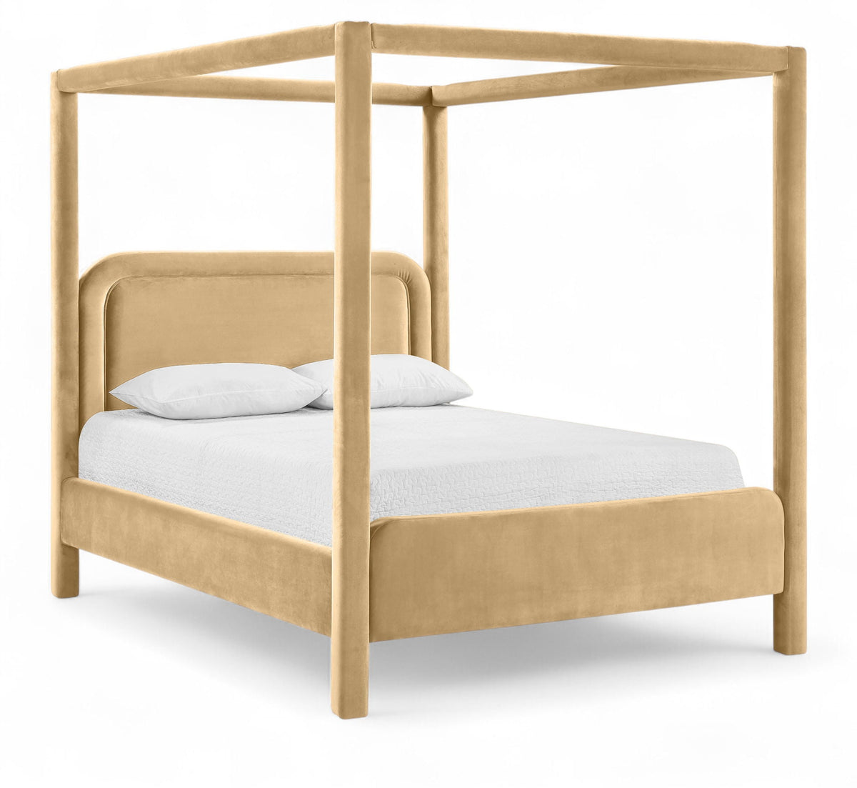 Salina Velvet Upholstered Canopy Bed — 10 Colors, Twin to King - Camel