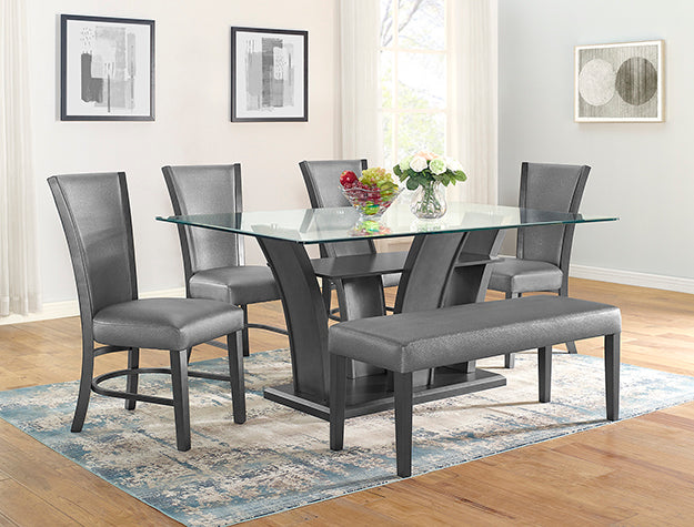Camelia Glass Top Dining Set — Table, Chairs & Bench