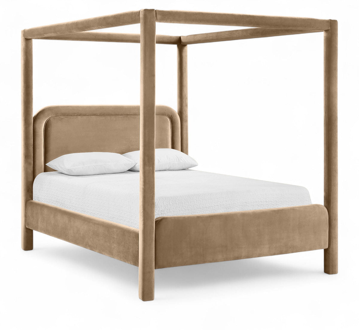 Salina Velvet Upholstered Canopy Bed — 10 Colors, Twin to King - Beige