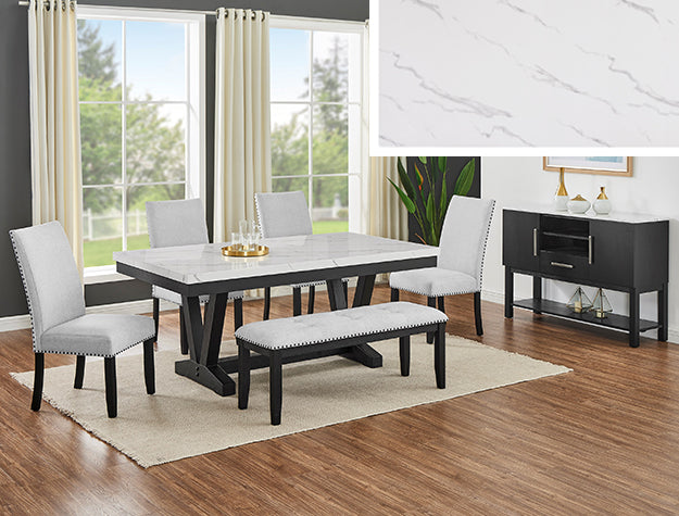 Vance Faux Marble Dining Set — Table, Side Chairs, Bench & Sideboard
