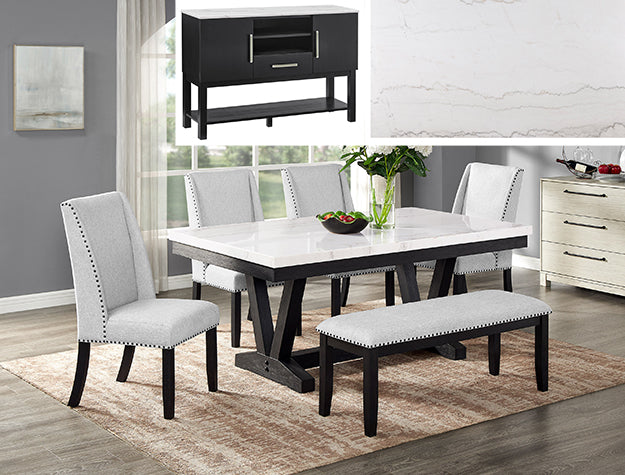 Varley Genuine Marble Dining Set — Table, Wing Chairs, Bench & Sideboard