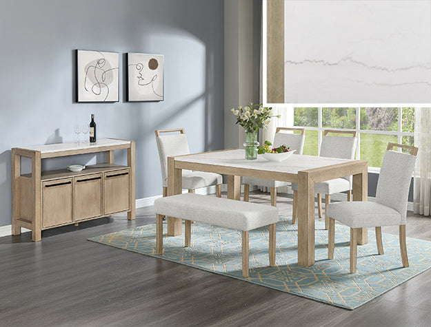 Hazel Genuine Marble Dining Set — Table, Chairs, Bench & Sideboard