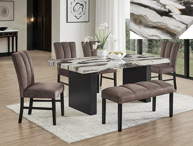Vega Faux Marble Dining Set — Table, Chairs & Bench