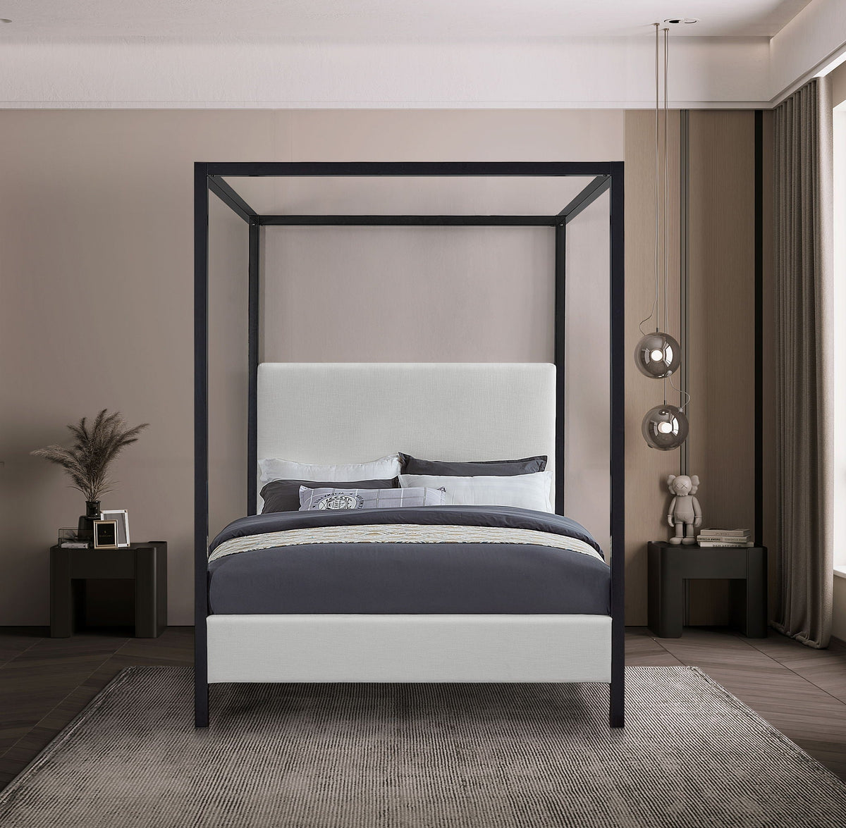 James Steel Canopy Bed — Grey, Beige or Cream Upholstered