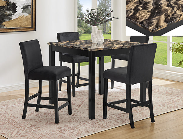 Lennon Faux Marble Counter Height Set — Gold/Black Velvet Chairs