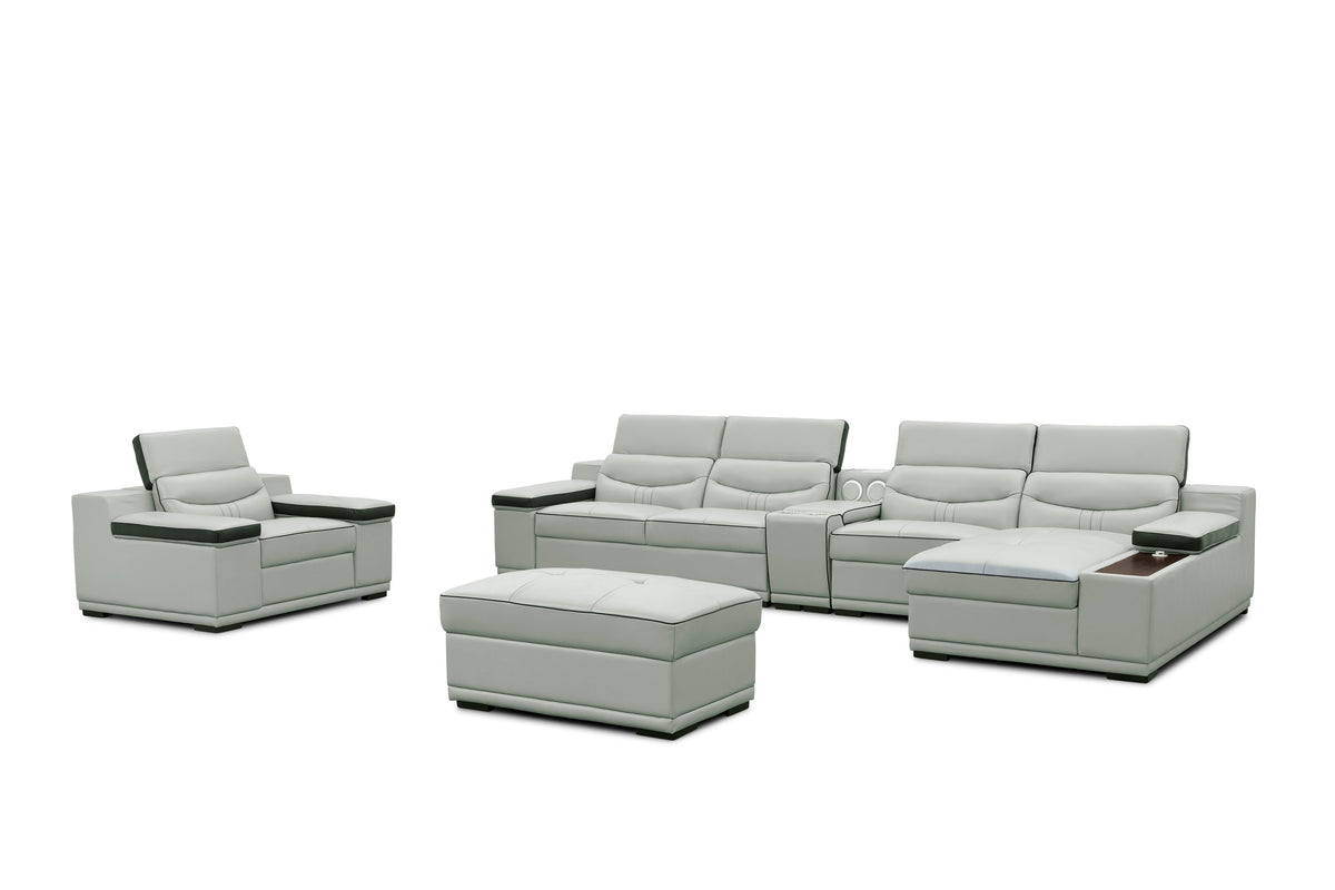 Arlet Grey Italian Leather Sectional — Built-In Audio & Charging