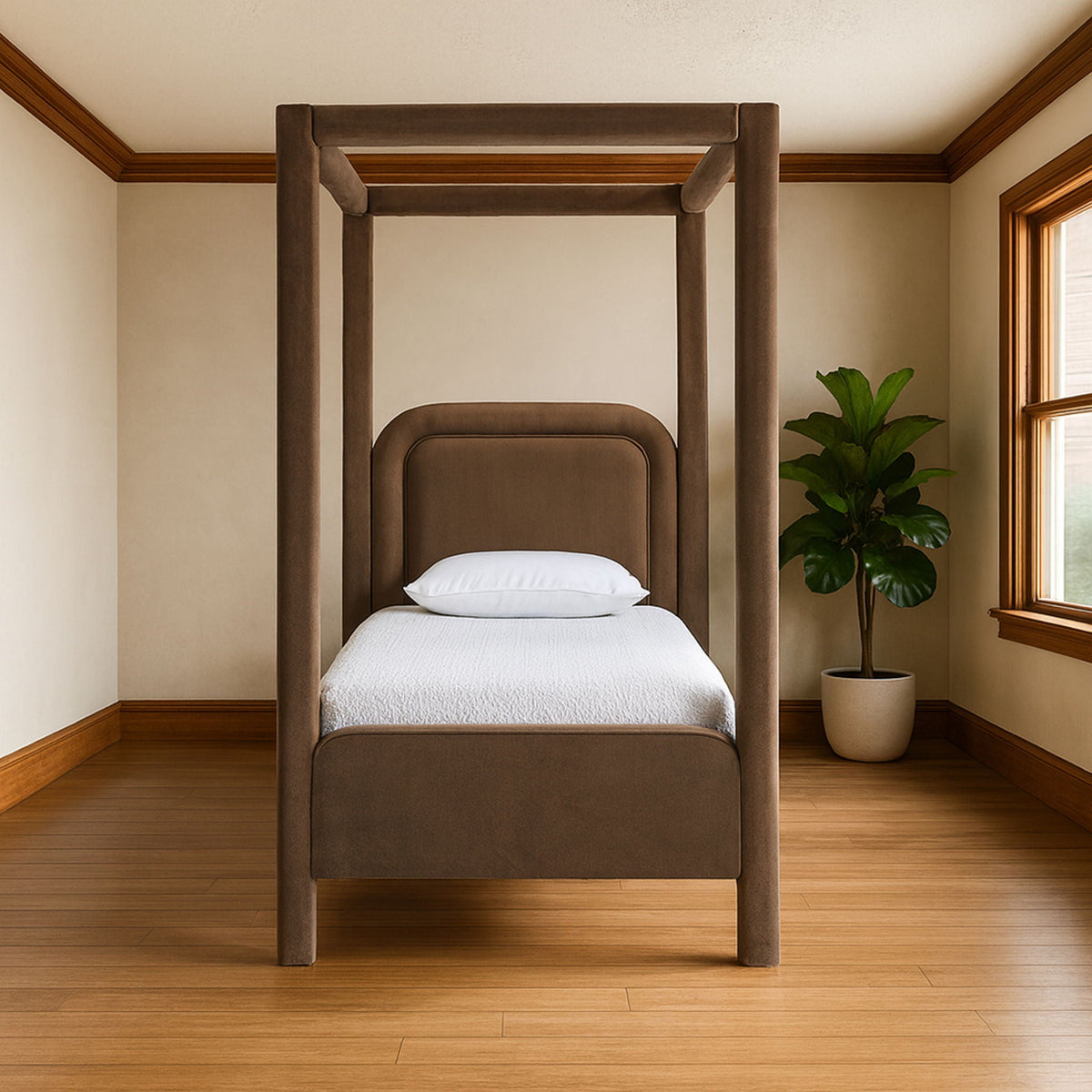 Salina Velvet Upholstered Canopy Bed — 10 Colors, Twin to King