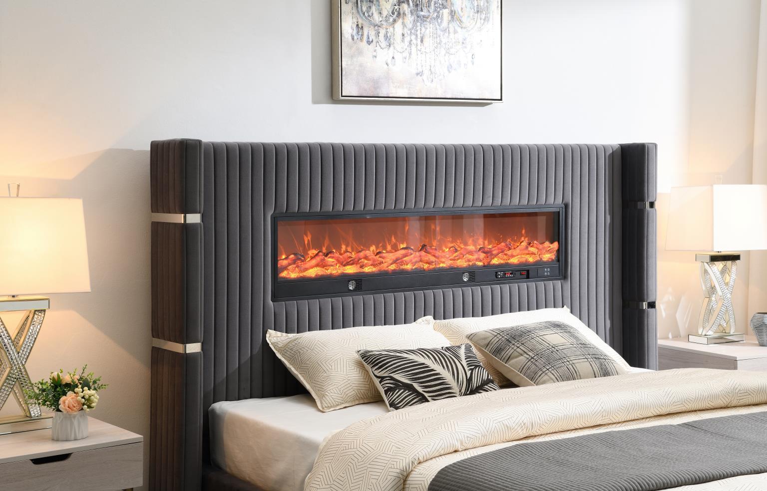 B544 - Velvet Bed With Fireplace & Bluetooth Speaker & USB