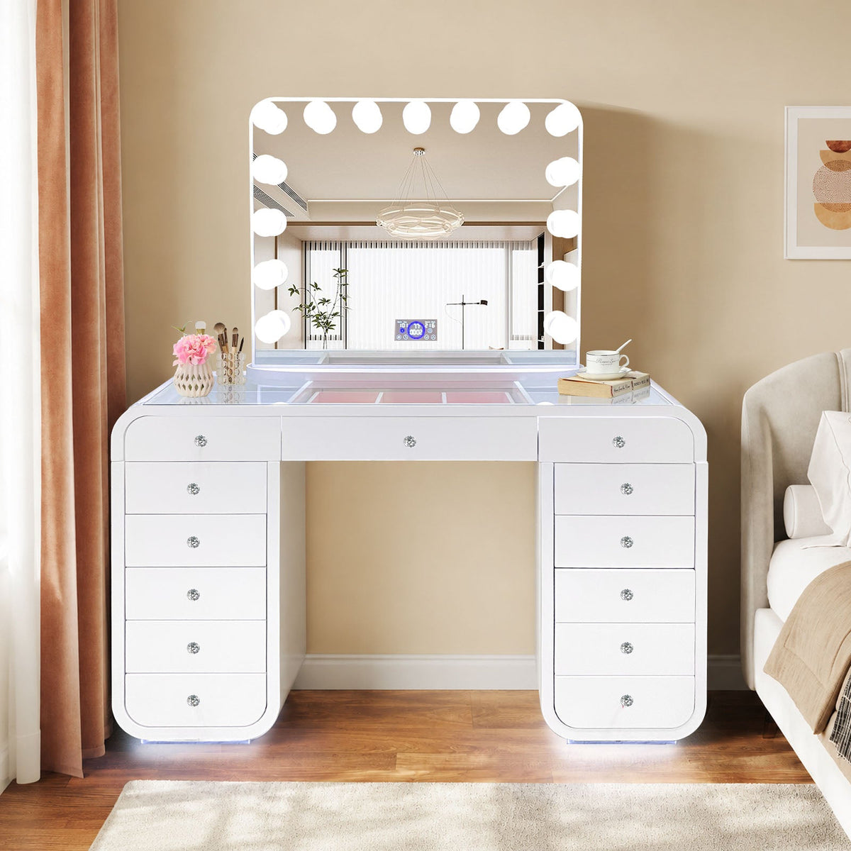 Emily Smart Vanity — 3-Color Lighted Mirror & Glass Top