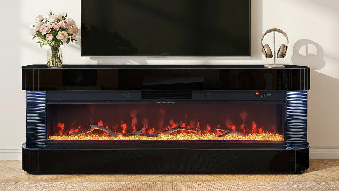 Lush Black High-Gloss TV Stand — Multicolor Fireplace