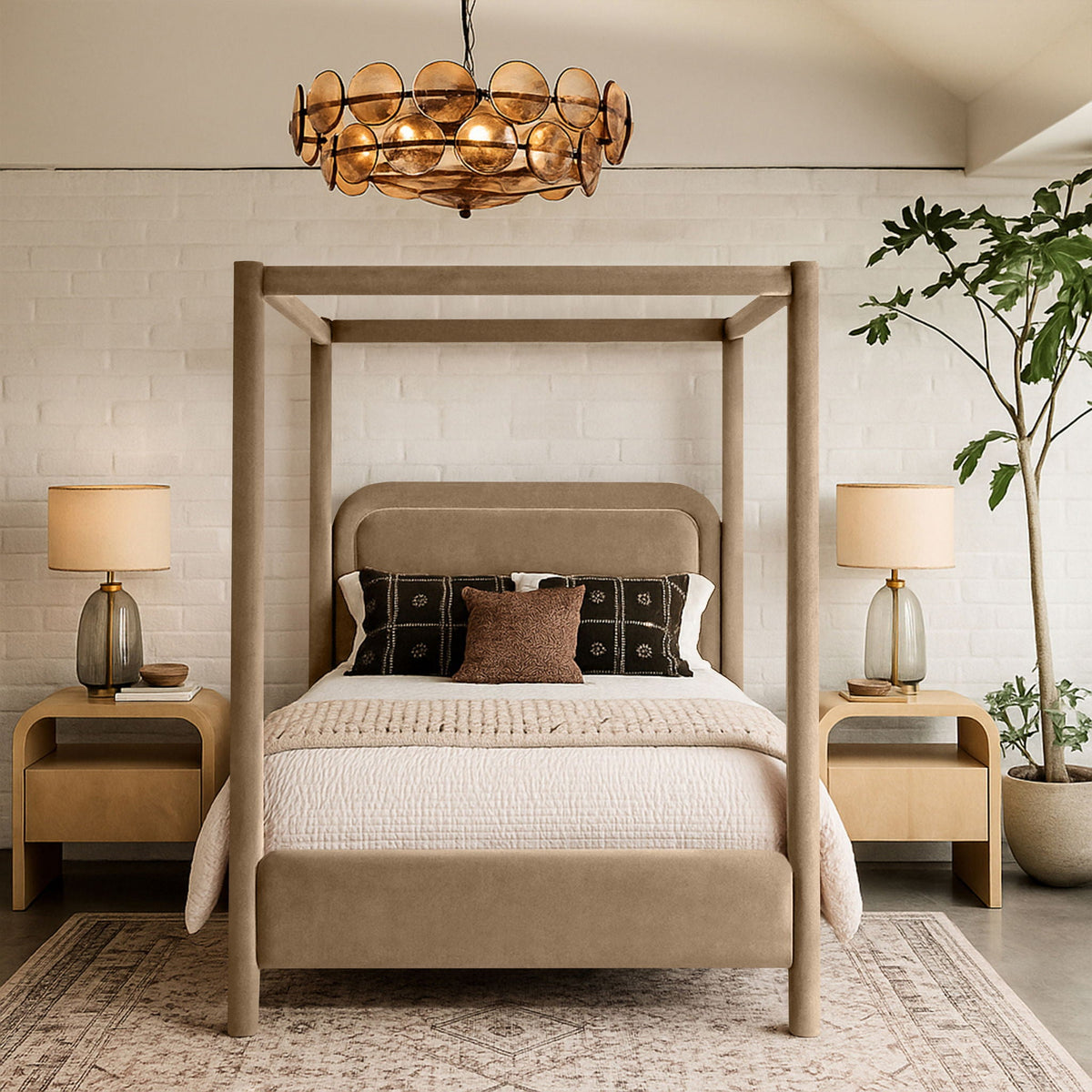 Salina Velvet Upholstered Canopy Bed — 10 Colors, Twin to King