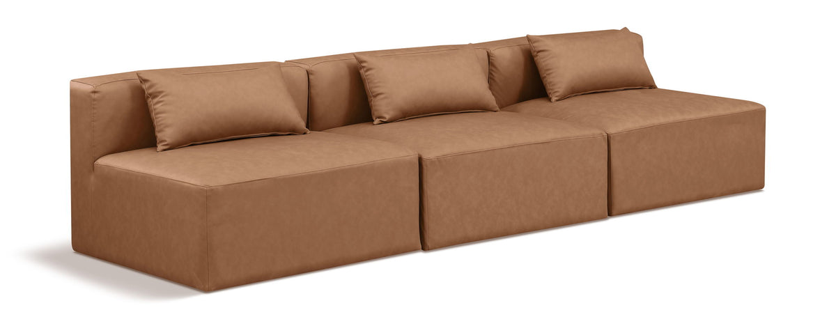 Cube Faux Leather Modular Sectional — 3-Piece Armless Sofa — Brown