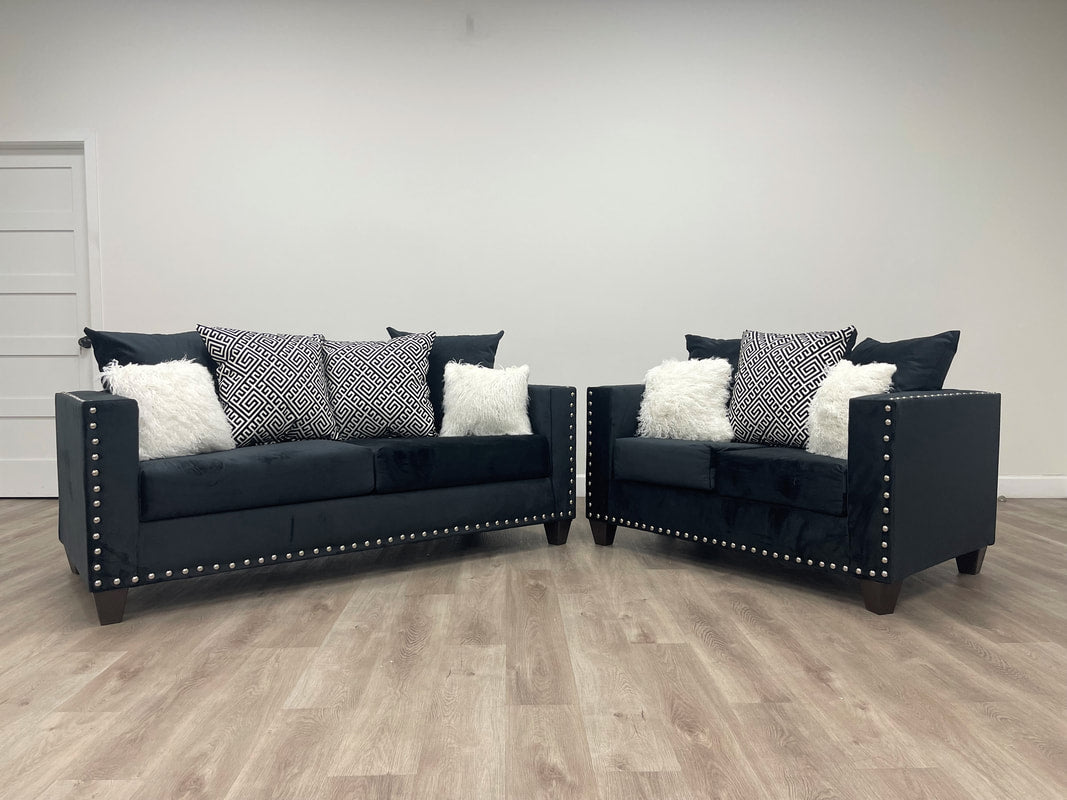 210 Black 2PC Sofa & Loveseat — Pillows Included