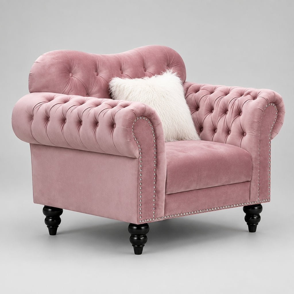 U220 Pink Chair With One Fur Pillows & Wooden Legs — 50-Inch Wide