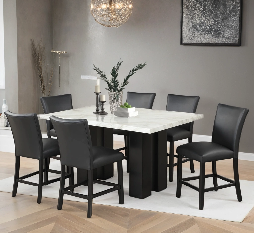 2220 PU Faux Marble Counter Height Dining Set — Table & 6 Chairs