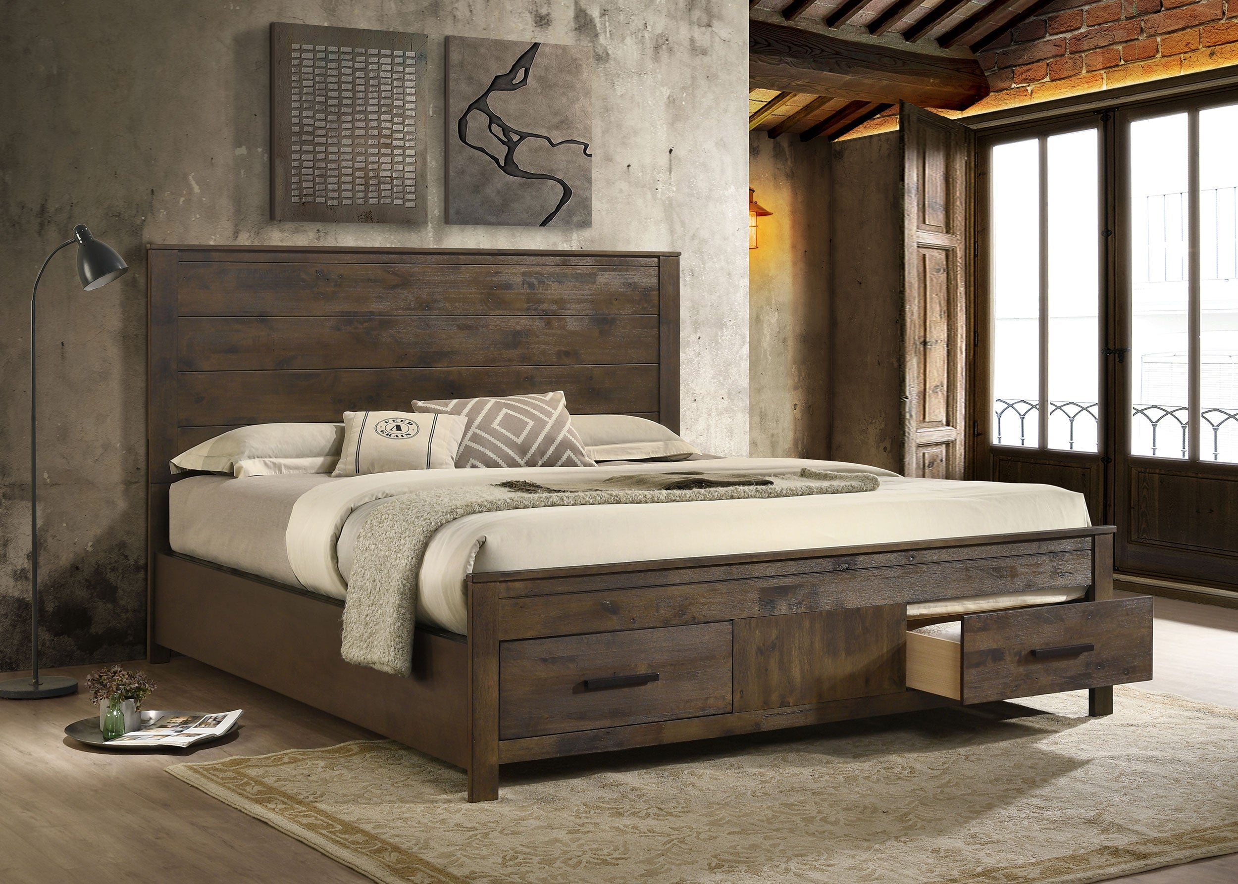 Woodmont Wood Storage Panel Bed Rustic Golden Brown