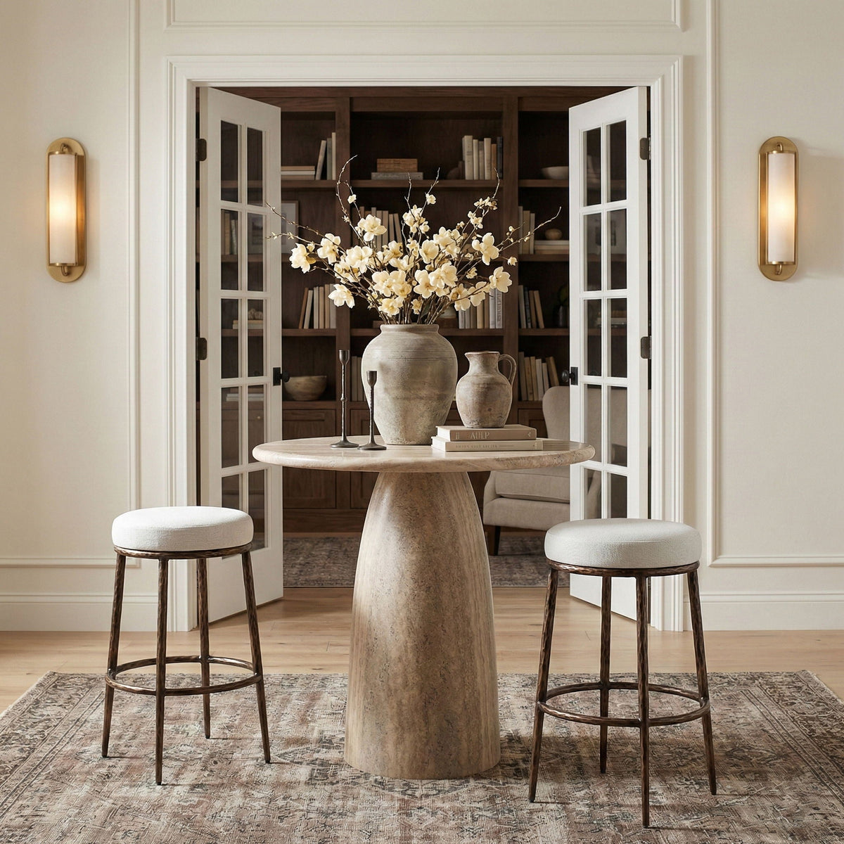 Ferro Performance Fabric Backless Bar Stool with Antique Bronze Frame