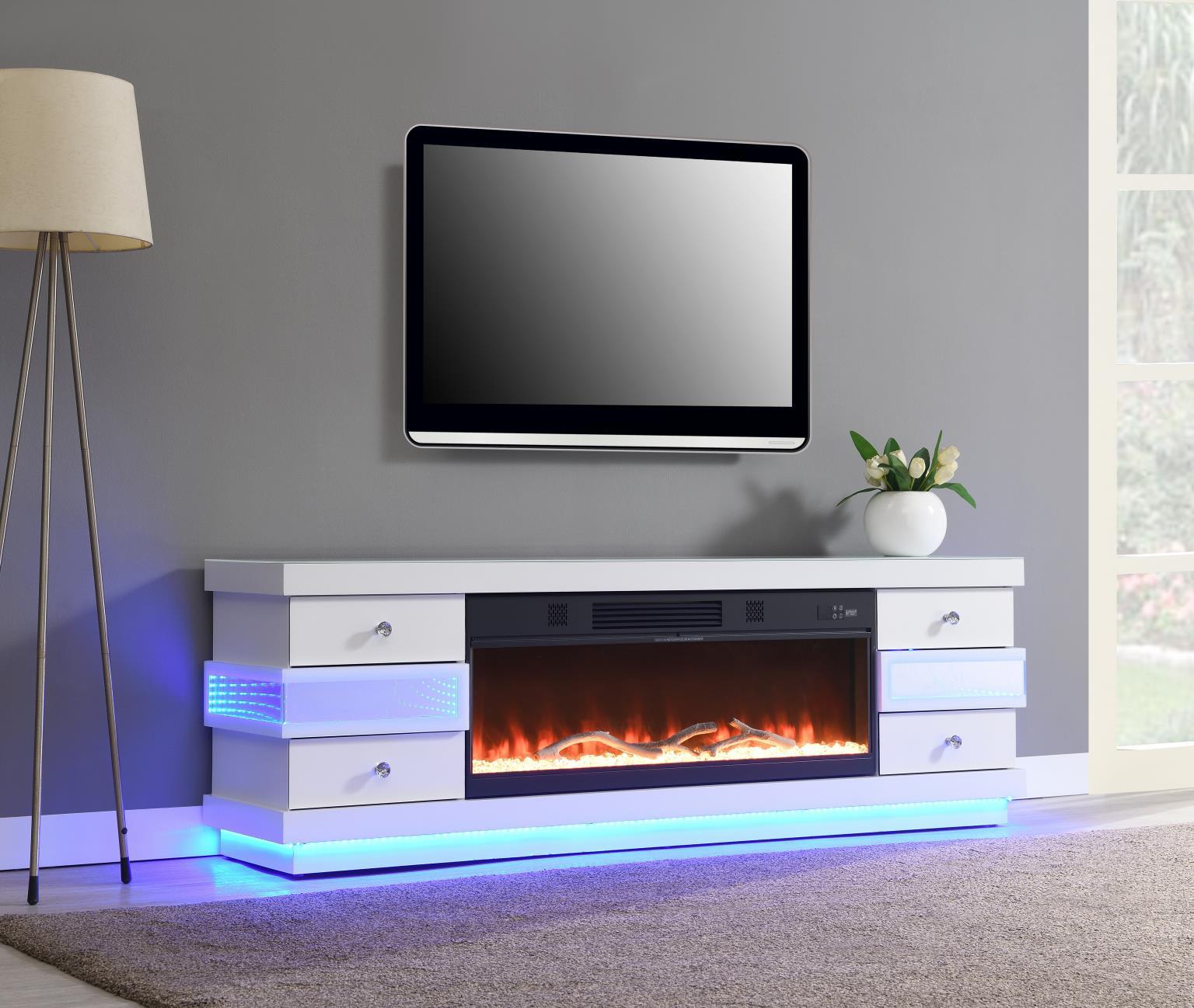 W032-TV White Fire Place TV Stand With Bluetooth Speaker, Heater, Multi Colors, RGB Light — 71 in. wide
