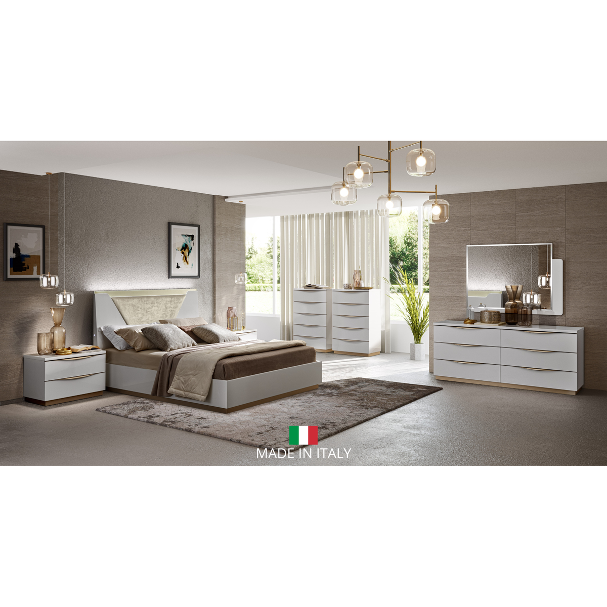 Kharma White Upholstered Bedroom Set — Italian Made LED Bed