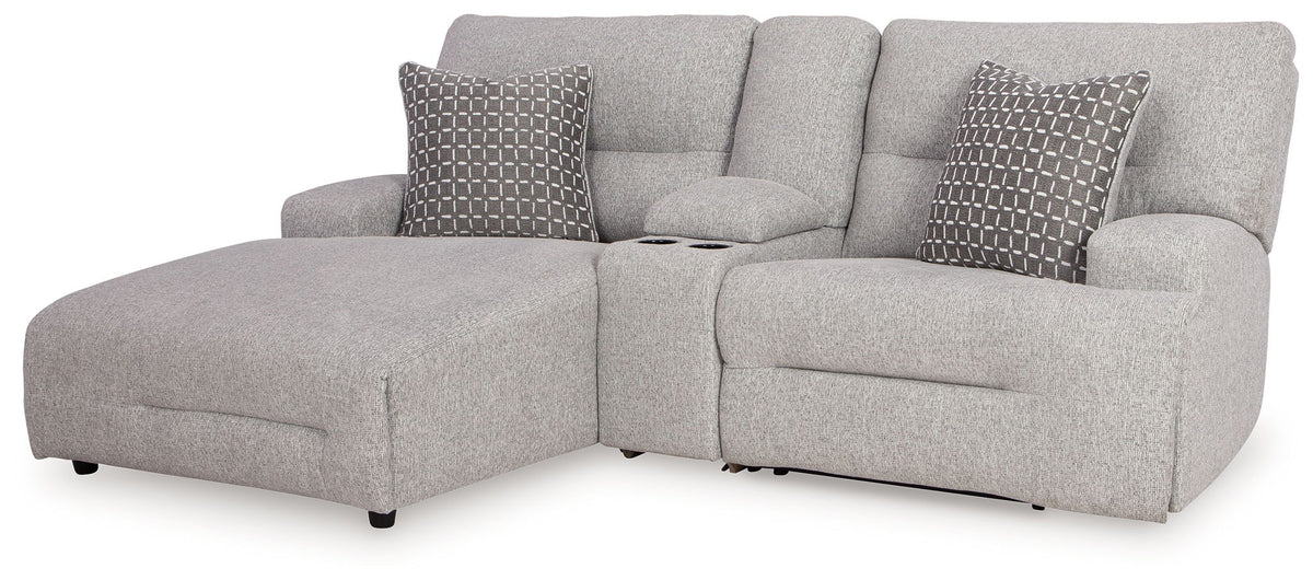 Acklen Place Pewter Power Reclining Sectional — 3-Piece Sectional + Left-Arm Chaise & Console
