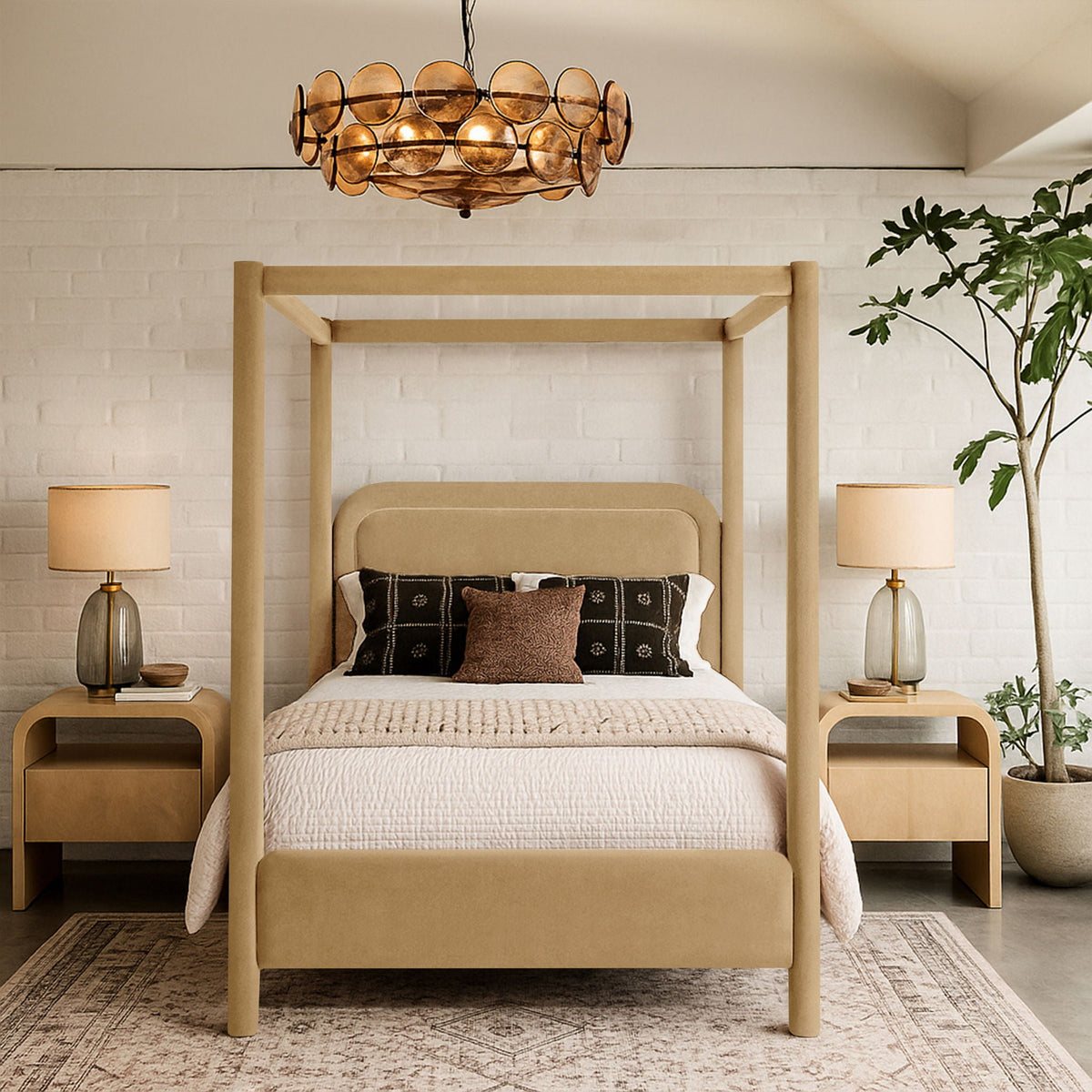 Salina Velvet Upholstered Canopy Bed — 10 Colors, Twin to King