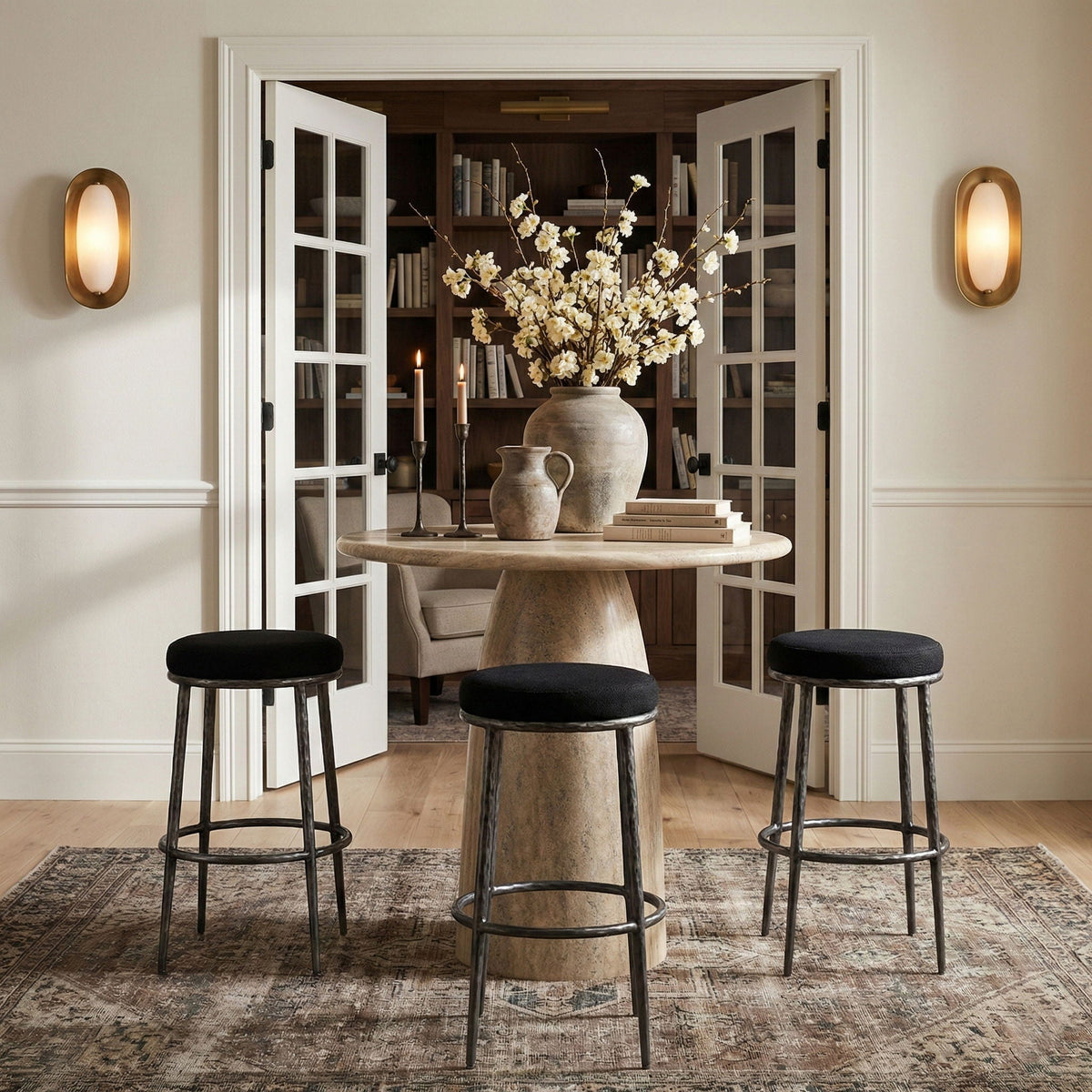 Ferro Performance Fabric Backless Bar Stool with Antique Silver Frame