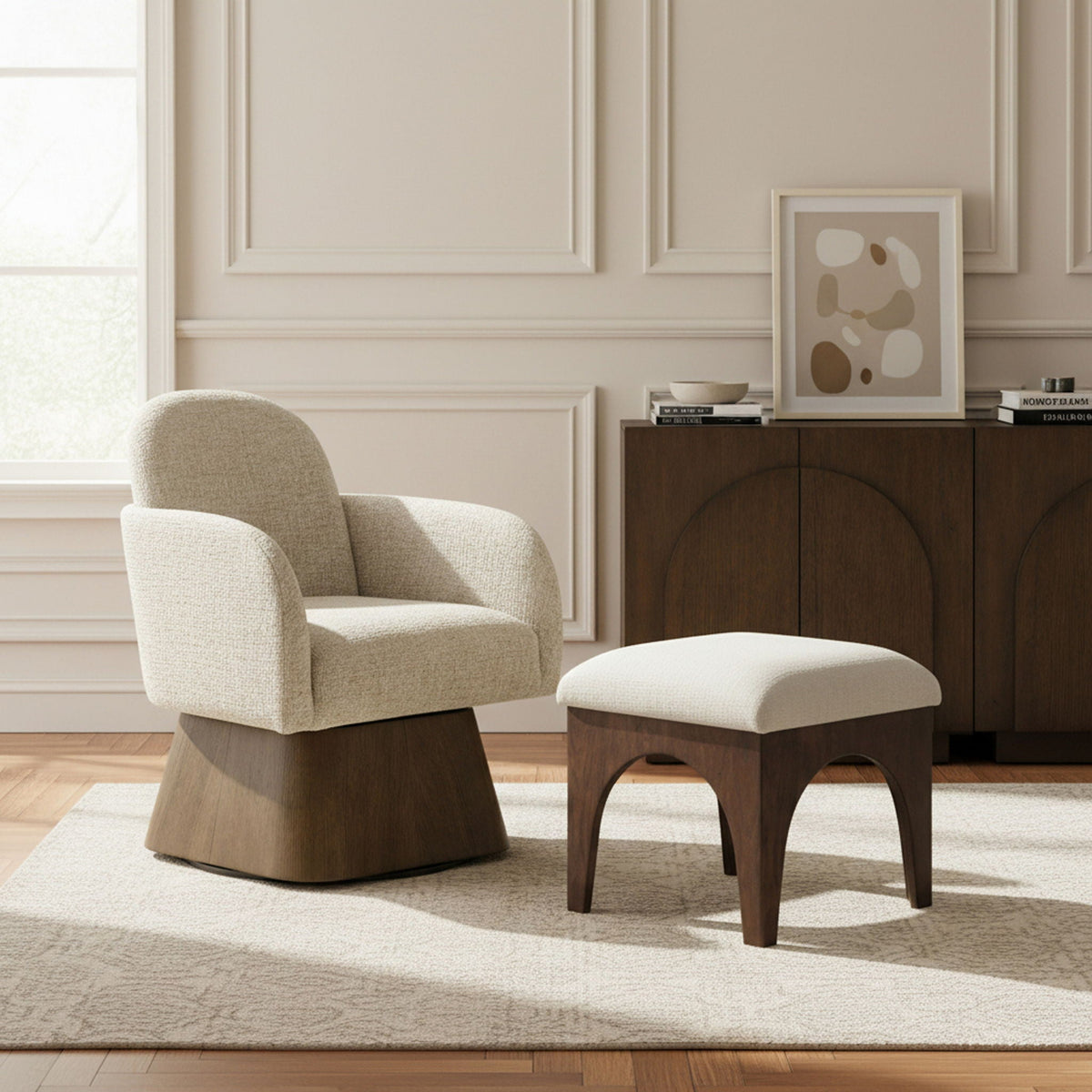 Marlowe - Linen Textured Fabric Upholstered Swivel Accent Chair with Brown Base
