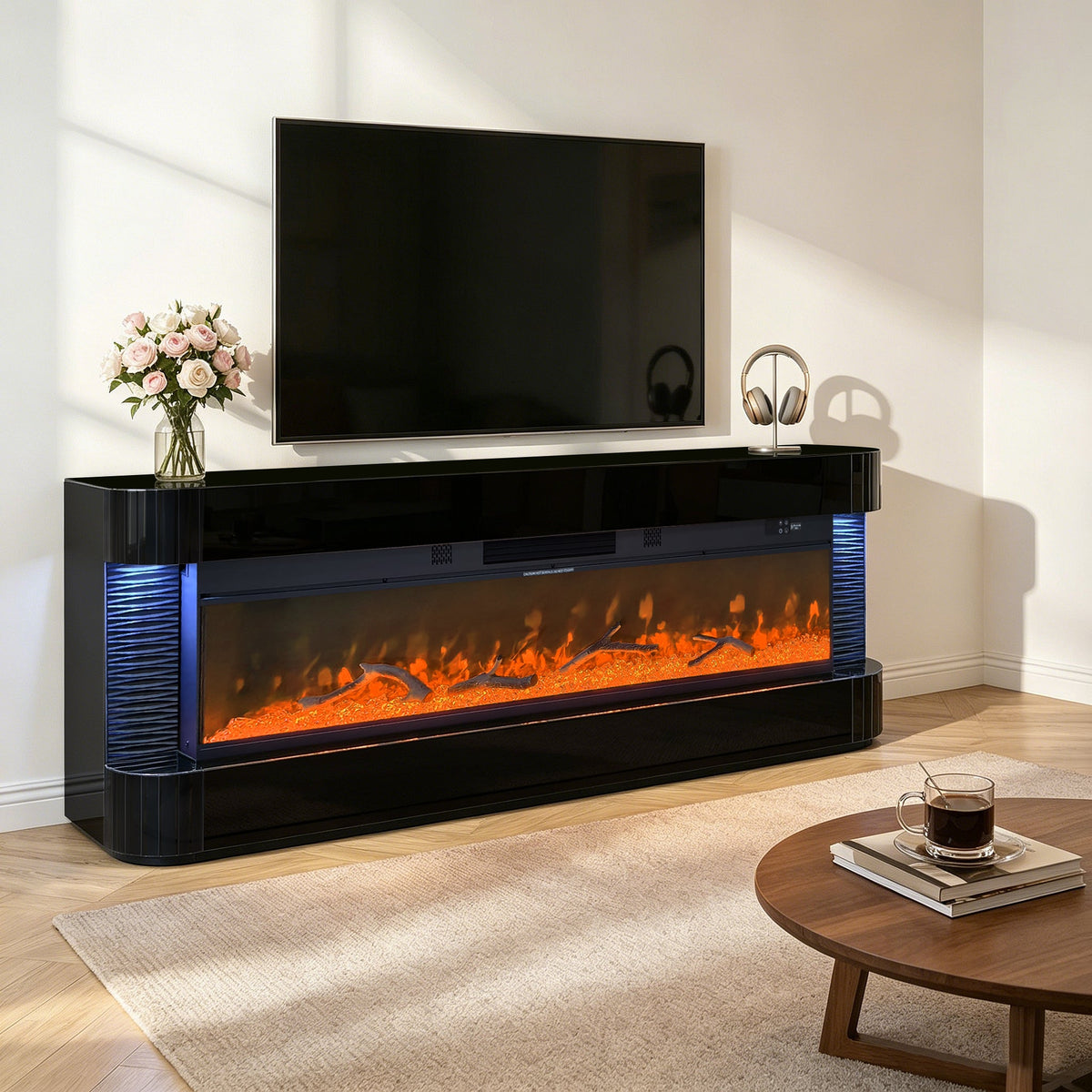 Lush Black High-Gloss TV Stand — Multicolor Fireplace