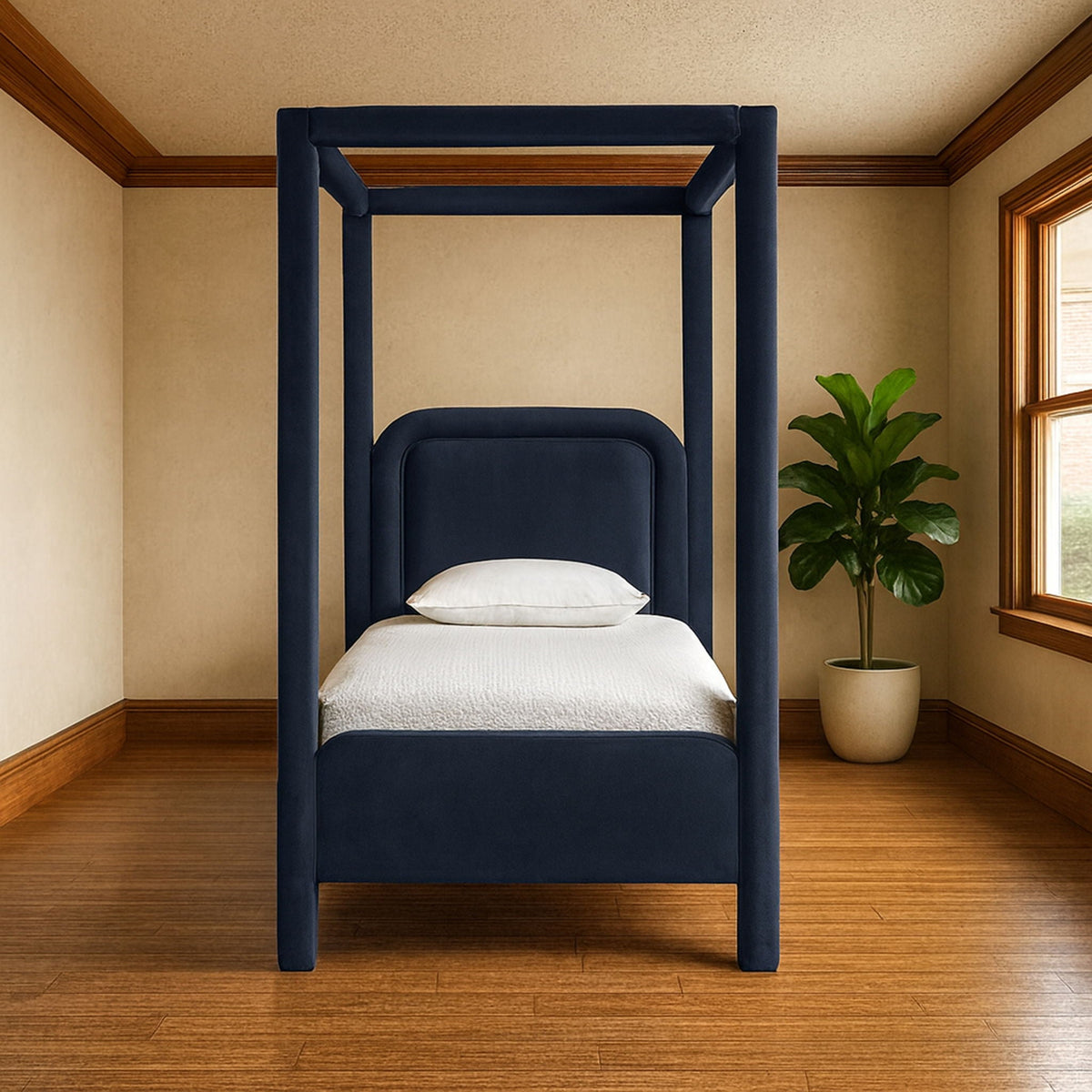 Salina Velvet Upholstered Canopy Bed — 10 Colors, Twin to King