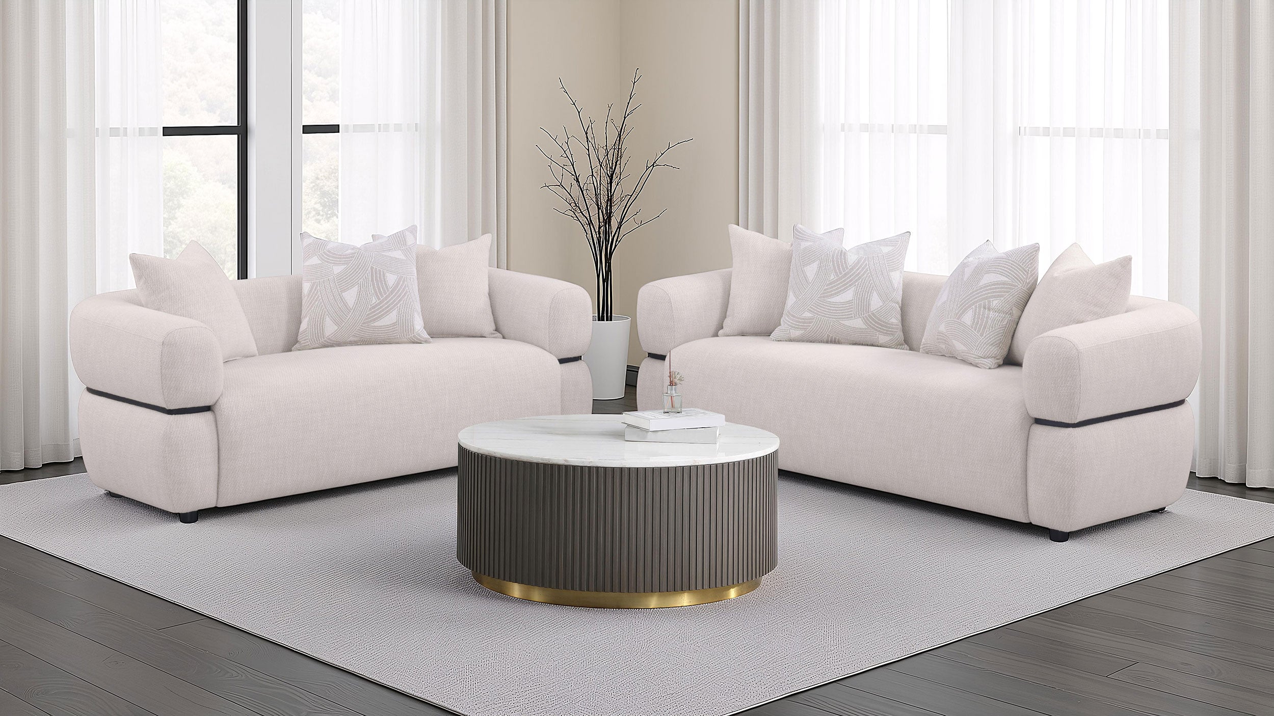 Jeanette Fabric Upholstered Round Arm Sofa Set Beige