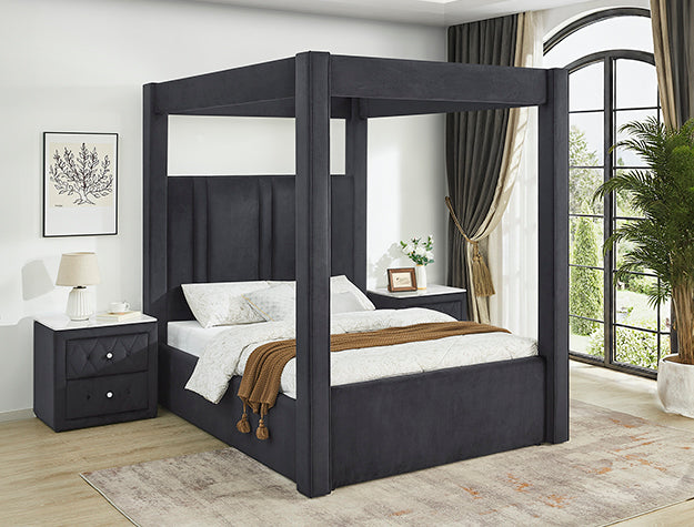Jayla Black Canopy Bed — Velvet Upholstery, Queen or King