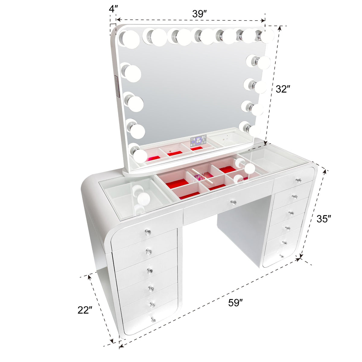 Emily Smart Vanity — 3-Color Lighted Mirror & Glass Top