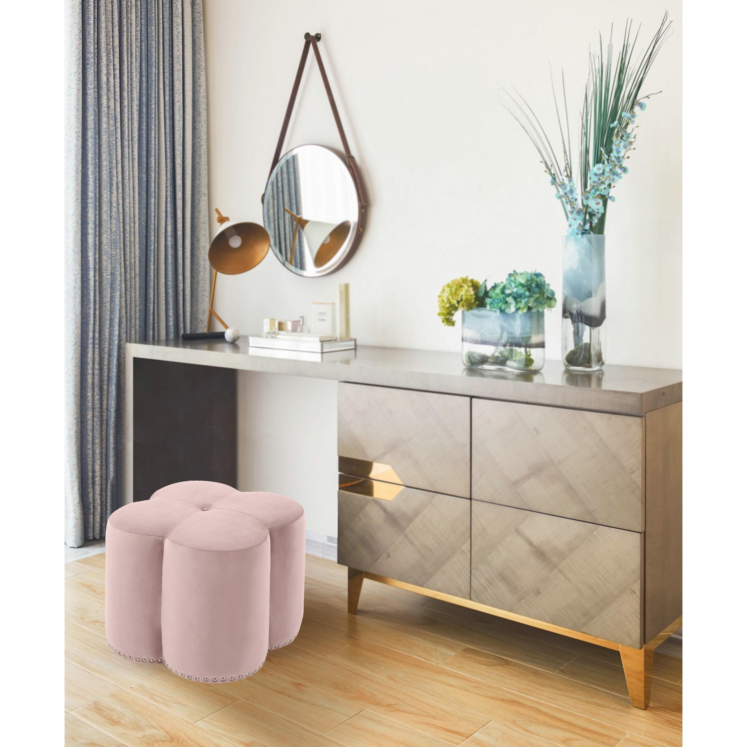 Meridian Clover Pink Velvet Ottoman