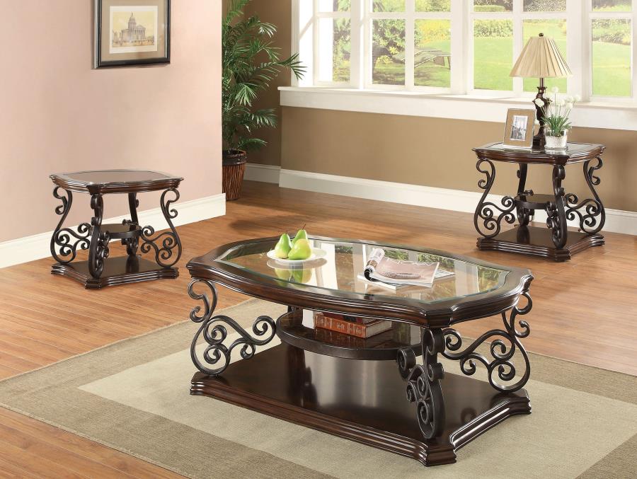 Laney Glass Top Coffee and End Table Set Dark Merlot